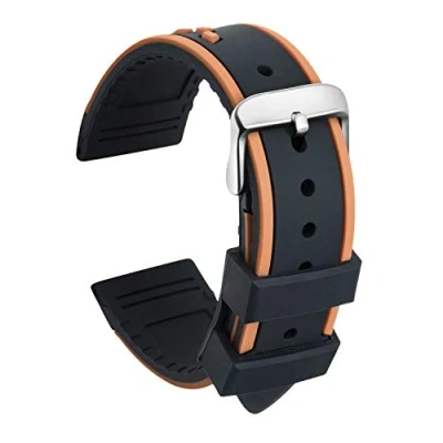 Imagen de ULLCHRO Correa Reloj Recambios Relojes Caucho Bicolor Hombre Mujer 20, 22, 24mm Silicona con Hebilla de Acero Inoxidable Cepillado (22mm, Negro y marrón)
