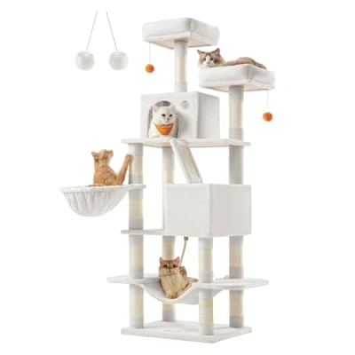 Imagen de Feandrea Rascador para Gatos, Árbol 168 cm de Altura con 13 Postes, 2 Plataformas, Cuevas, Cesta, Hamaca, Pompón, Multinivel Gatos Grandes, Blanco Crema PCT165T01