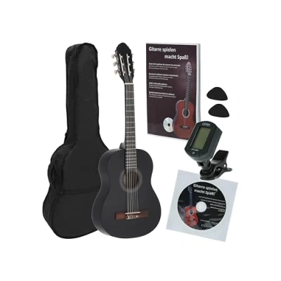 Imagen de Navarrez NV16PK Starter Set guitarra clásica negro 1/2, bolsa/Gig Bag, libro con CD, afinador (tuner),2 púas