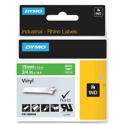 Imagen de RHINO 6000+ Dymo 1805420 cinta vinilo blanco sobre verde 19mm