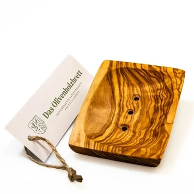 Imagen de DAS OLIVENHOLZBRETT® Jabonera con agujeros y canaleta bajo la bandeja/jabonera madera de olivo/soporte para jabón madera/rectangular/cuadrado/de olivo/madera, 13 cm