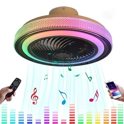 Imagen de Ventilador de Techo Infantil LED Silencioso con Luz Mando a Distancia Regulable RGB Música Plafon Lampara y Bluetooth Altavoz Luces araña para Dormitorios Salón Habitacion