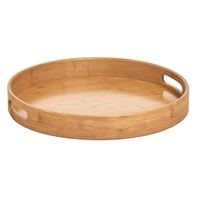 Imagen de TIENDA EURASIA Bandeja Circular de Madera, Decorativa 40 x 5 cm, Cama con Asas, para Servir Diseño Nordico y Comodas Asas Transporte