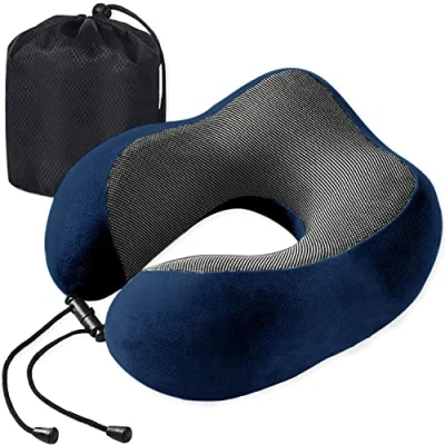 Imagen de Almohada de Viaje,Cojin Cuello Espuma Memoria Portátil Viaje,Pequeño y Ligero,Adecuado para Viajar, Colchón Aire Suave Cómodo,Azúl