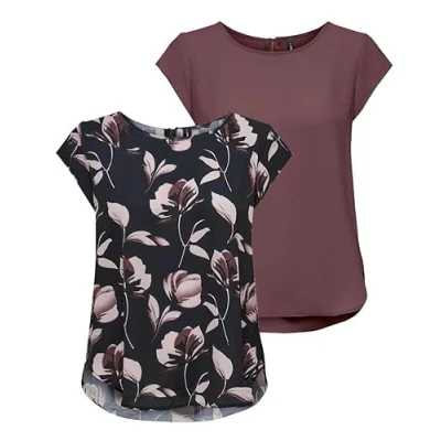 Imagen de ONLY Onlvic S/S Solid AOP Top Ptm Camiseta de manga corta para mujer, Pack 2 unidades (Pack A: Rose Brown/Night Sky Flower Print), 42