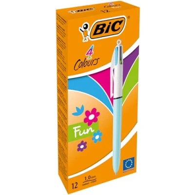 Imagen de BIC 887777 4 colores Fun bolígrafos Retráctiles punta media (1,0 mm) Celeste Pastel, Caja de 12 unidades