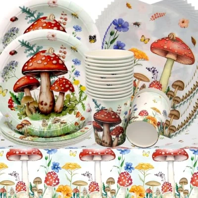 Imagen de Doyomtoy Vajilla para Fiesta de Hongo,Fiesta Temática Decoraciones Cumpleaño Seta Hadas Platos Tazas Servilletas Baby Shower Niña Cumpleaños 16 Personas