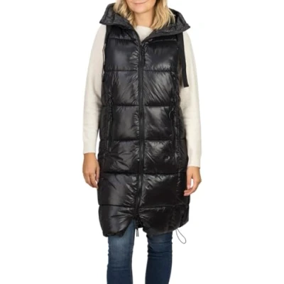 Imagen de DENIMFY Chaleco acolchado largo con capucha para mujer, corte regular, hasta la rodilla, cremallera, bolsillos, otoño, invierno, beige, negro, verde, S, M, L, XL, XXL, Negro , L