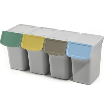 Imagen de KADAX cubo de basura con tapa, plástico, para la separación residuos, rectangular tapa abatible (gris, 4 x 20 L)
