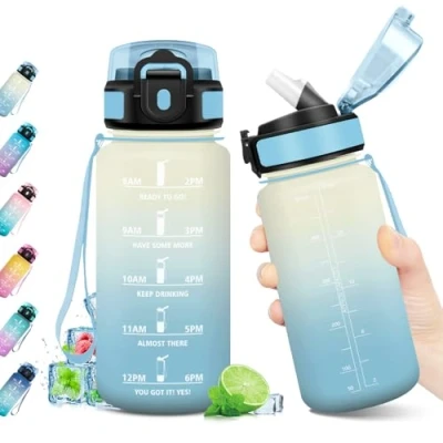 Imagen de Botella Agua con Pajita 500ml, Reutilizable, Motivacional sin BPA, Marcador de Tiempo, Cantimplora Ideal para Cámping, Escuela, Gimnasio, Bicicleta, Running, Oficina