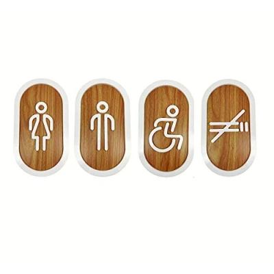 Imagen de DOJA Barcelona Cartel para Baño Hombre + Mujer Discapacitado Prohibido Fumar Color Madera 100mm x180mm Simbolo Adhesivo WC Puerta Placa Pegatina Aseo, Señal de Lavabo