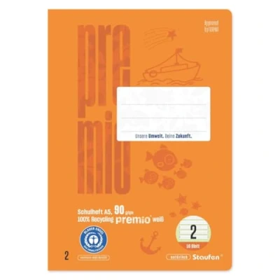 Imagen de Staufen premio Cuaderno de escritura 10 cuadernos 16 hojas cada uno, DIN A5, línea 2 (4/4/4 mm a rayas, líneas color), papel reciclado 90 g/m², esquinas redondas para evitar orejas
