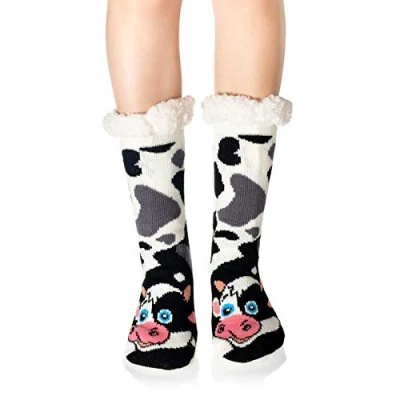 Imagen de WOTENCE Calcetines Pantuflas Antideslizantes de Invierno para Mujer Casa Cálidos con Forro Polar Navidad (Vaca)