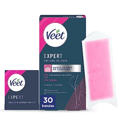 Imagen de Veet Expert Bandas de Cera Fría Depilatoria para Depilación Piernas y Cuerpo, con Manteca Karité, 30 tiras