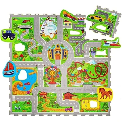 Imagen de Hakuna Matte Alfombra Infantil Puzzle Diseño Coches 1,2 x 1,2m 16 Piezas Interconectadas para el Piso 20% + Gruesa Certificado EN 71 Sin Olor Empaque Caja de Cartón Reciclable