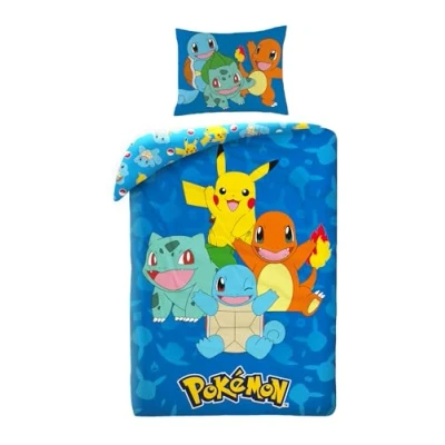 Imagen de Juego de cama Pokemon con Pikachu, Salamèche, Carapuce y Bulbizarre, funda nórdica 140 x 200 cm + almohada 65 cm, color azul