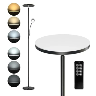 Imagen de Anten 30W Lámpara de Pie LED con 5W Luz Lectura, Salón Regulable Mando a Distancia, 3 Temperaturas Color, Moderna para Dormitorio, Estudio y Oficina