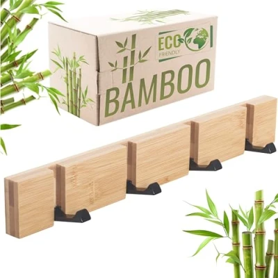 Imagen de RICOO Colgador de Pared Bambú y Acero, Elegante Espacioso, MH023M N Percha Pared, Perfecto para Habitaciones Entradas Barra con 4 Ganchos, 2x40x5,5 cm, Color natural