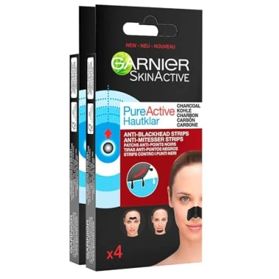 Imagen de Garnier SkinActive Pure Active Strip Zona T parches antipuntos negros al carbón para nariz, frente y barbilla, purificante con ácido salicílico 2 paquetes de 4
