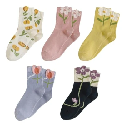 Imagen de AABDTYYD 5 Pares Calcetines Deporte Mujer,Calcetines Mujer Divertidos,Calcetines sin Costuras Transpirables con Bordados y Estampado Floral,Conjunto de Florales Elásticos