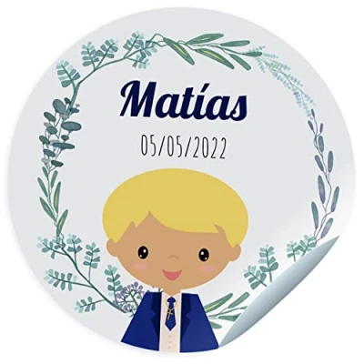 Imagen de 24 Etiquetas adhesivas comunión. Pegatinas personalizadas con nombre y fecha para los regalos de tus invitados. Stickers adhesivos personalizados (45 mm)