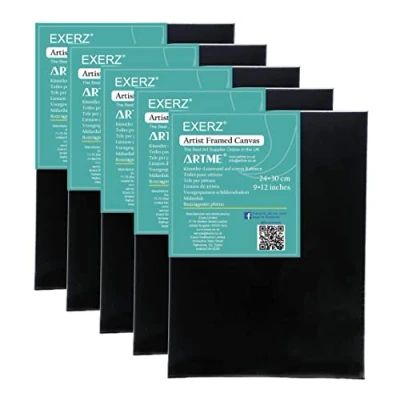 Imagen de EXERZ 24x30cm Lienzos preestirados Negros 5 piezas/Lienzos Enmarcados 1,7 cm de Espesor / 280GSM Pre Estirado 100% Algodón/Triple Preparado/Libre Acido/Hebra Media/Óleo, Acrílico