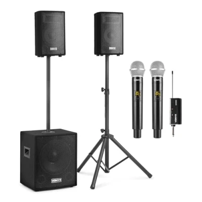 Imagen de Set Karaoke Profesional con Micrófonos Inalámbricos UHF Altavoces Potentes 800W Subwoofer 12&quot;, Bluetooth, USB, Tarjeta SD y Soportes para Fiestas, Clubes Uso