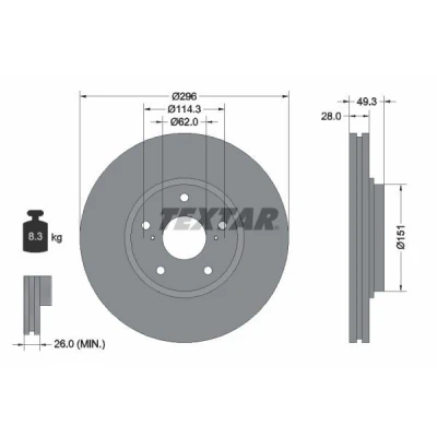 Imagen de TEXTAR 92327203 Disco de freno 260 8 05/07 114,3 macizo revestido sin perno sujeción rueda, buje rueda RENAULT: Zoe