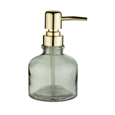 Imagen de WENKO Dispensador de jabón Atessa Mint, delicado dosificador vidrio con cabeza bomba dorada, rellenable hasta 200 ml líquido, ideal para el lavabo del baño, Ø 8 x 14 cm
