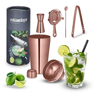 Imagen de Relaxdays 5 Teiliges Cocktail Shaker Set Kit Coctelería Piezas, Juego de Bartender Acero Inoxidable, para Hogar, Accesorios Bar, Bronce, 25,5 x 10,5 cm