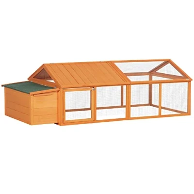 Imagen de PawHut Gallinero para Exterior 240x112,5x76 cm, de Madera con Techo Abatible, Puertas Cerradura, Corral y Nido, Gallinas, Patos, Conejos, Natural