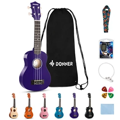 Imagen de Donner Ukelele para Principiante Soprano Kit 21 Pulgadas Ukulele Adulto con Bolso Correa Afinador, Color de Violeta Online Lección