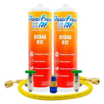 Imagen de Gas Refrigerante Organico para Aire Acondicionado Coche Ralerfresh RF Equivalente a 1000gr sustituto de los Gases R134a y R12 (2 Botellas + Manguera Conector)