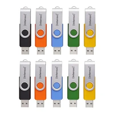 Imagen de Intenso Basic Line Lote de 10 Unidades Memoria USB 2.0 4 GB con prácticas Etiquetas para Escribir, Amarillo, Verde, Negro, Azul y Naranja, Gancho metálico Plateado