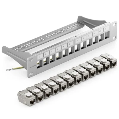 Imagen de deleyCON 12 Puerto Panel de Parches Conjunto Modular 1 HE 10&quot; Pulgadas Instalación en Rack + Módulos RJ45 Keystone CAT6a Compatible con CAT5 CAT6 CAT7 LAN Cables Red Descarga Gris