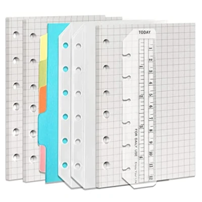 Imagen de DY.2ten Juego de recambios cuaderno A7 6 agujeros, 135 hojas (270 páginas) papel gráfico + 2 bolsillos con cremallera 5 separadores regla, para Filofax
