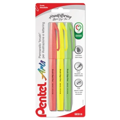 Imagen de Pentel SES15C Brush Sign Pen Fluo Rotulador de punta fibra flexible fluorescente, ideal para resaltar, letras, caligrafía, ilustración colores fluorescentes, 3 unidades