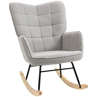 Imagen de HOMCOM Mecedora de Borreguito Silla con Patas Madera Haya y Marco Acero para Lactancia Carga 120 kg Dormitorio Salón Gris