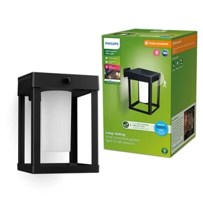 Imagen de Philips Lighting Aplique pared Exterior Ultraeficiente Camill, alimentación solar, formato cuadrado, 1.4W, 3000K, negro, frosted, sensor movimiento, resistente intemperie IP44