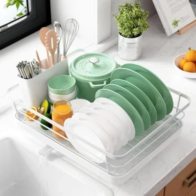 Imagen de JUPPLIES Escurreplatos con Soporte para Utensilios Extraíble, Portavasos y Estante de Secado Gran Capacidad Escurridor Platos Boquilla Drenaje Automático 15,5x41,5x31cmcm Blanco