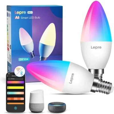 Imagen de Lepro BC1 AI Bombilla LED E14, Inteligente Alexa LLM, RGB Regulable 4.9W, Bombillas Wi Fi Control de Voz por APP, Sync Música Iluminación Generada AI, Funciona con Google Home, 2Pcs