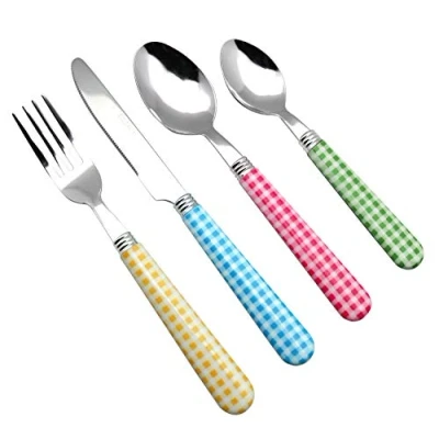 Imagen de EXZACT Cuberterías 24 Piezas Patrón a Cuadros/Gingham Cubiertos Acero Inoxidable con manecillas de Color 6 x Tenedores, Cuchillos, Cucharas, Cucharaditas (Colores Variados 24)