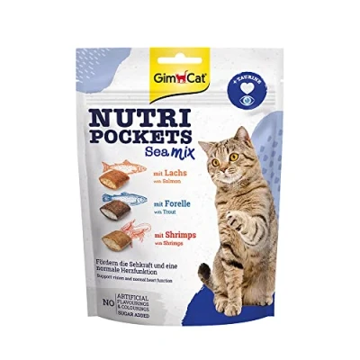 Imagen de GimCat Nutri Pockets mezcla de pesca Snack crujiente para gatos, con relleno cremoso e ingredientes funcionales 1 bolsa (1 x 150 g)