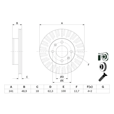 Imagen de BOSCH 0 986 479 E73 Disco de freno 241 18 4 100 ventilado revestido con tornillos KIA: Picanto I, II, HYUNDAI: i10 I
