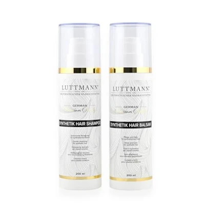 Imagen de LUTTMANN® Synthetic Hair Care Wig postizos Shampoo &amp; Balm Set 200 ml cada uno limpieza suave e intensiva para cabello sintético especial y pelucas