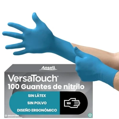 Imagen de Ansell VersaTouch 92 465 Guantes Nitrilo Sin Polvo, Desechables Resistentes, Latex Free, Quimicos Azul, Talla XL (100 Unidades)