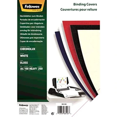 Imagen de Fellowes Portadas para encuadernar de cartón alto brillo Chromolux, extra rígido, 250 micras, 100% reciclables, formato A4, con certificación FSC, pack 100, color blanco