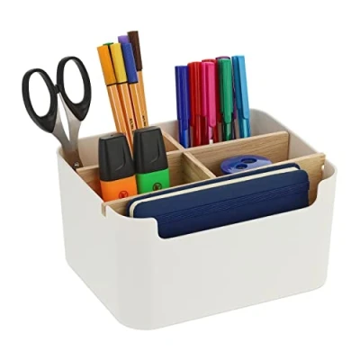 Imagen de Relaxdays Organizador Escritorio 5 Compartimentos, Plástico y Madera, Baño, Moderno, 9,5 x 18 15 cm, Color Blanco