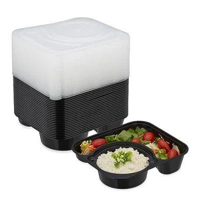 Imagen de Relaxdays Fiambreras Plástico, Set de 24, 2 Compartimentos, Aptas Microondas, Reutilizables, Cajas para Meal Prep, Negro, 5 x 20 18 cm