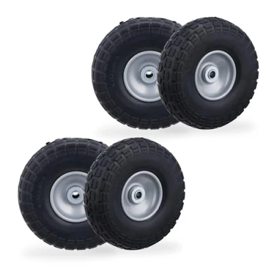 Imagen de Relaxdays 4 Ruedas de Carro Antipinchazos, Macizas, 4.10/3.50 4&quot;, Llantas Acero, 150 kg, 260x85mm, Negro y Gris, Caucho